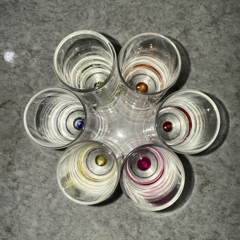 Set of 6 Shot Glasses Suspended Colored Bubble Base Barware - Picture 2 of 11